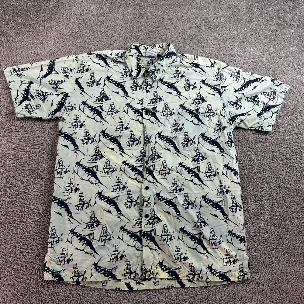 VINTAGE Cottonseed Shirt Mens Medium Green Black AOP Fishing Button up FLAW